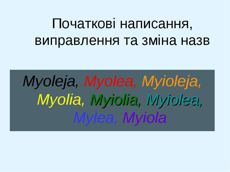 Початкові написання, виправлення та зміна назв Myoleja, Myolea, Myioleja, Myo...