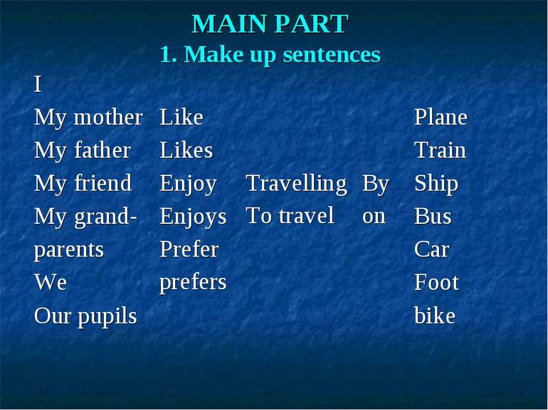 MAIN PART 1. Make up sentences I My mother My father My friend My grand- pare...