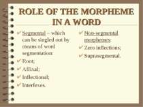 ROLE OF THE MORPHEME IN A WORD Segmental – which can be singled out by means ...