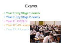 Exams Year 2: Key Stage 1 exams Year 6: Key Stage 2 exams Year 11: GCSE’s Yea...