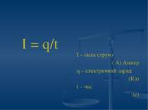 І = q/t І – сила струму ( А) Ампер q – електричний заряд (Кл) t – час (с)