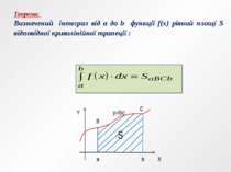 Теорема: Визначений інтеграл від a до b функції f(x) рівний площі S відповідн...