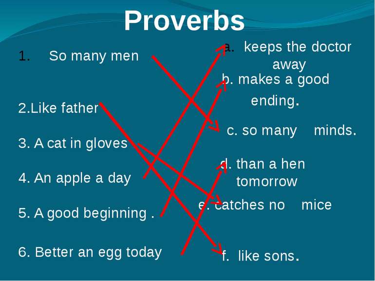 Proverbs So many men 2.Like father 3. A cat in gloves 4. An apple a day 5. A ...