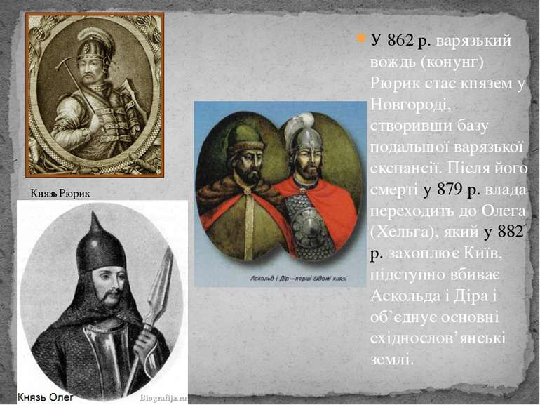 Князь Рюрик У 862 р. варязький вождь (конунг) Рюрик стає князем у Новгороді, ...