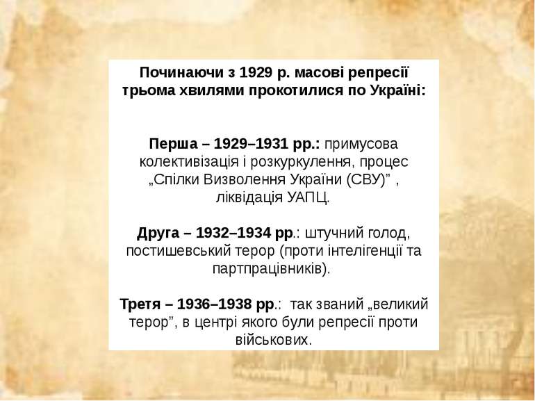 Починаючи з 1929 р. масові репресії трьома хвилями прокотилися по Україні: Пе...