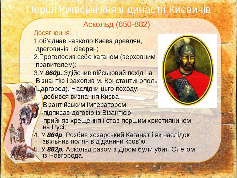 Перші Київські князі династії Києвичів Аскольд (850-882) Досягнення: 1.об’єдн...