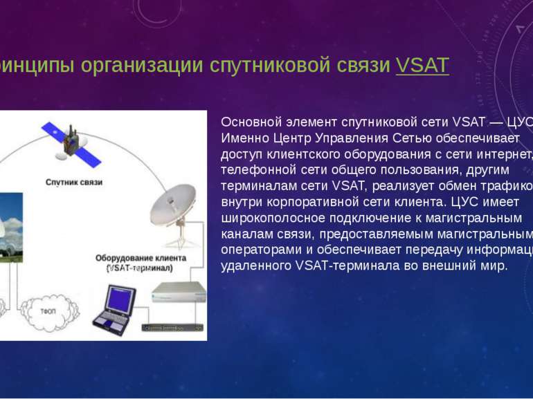 4.Принципы организации спутниковой связи VSAT Основной элемент спутниковой се...