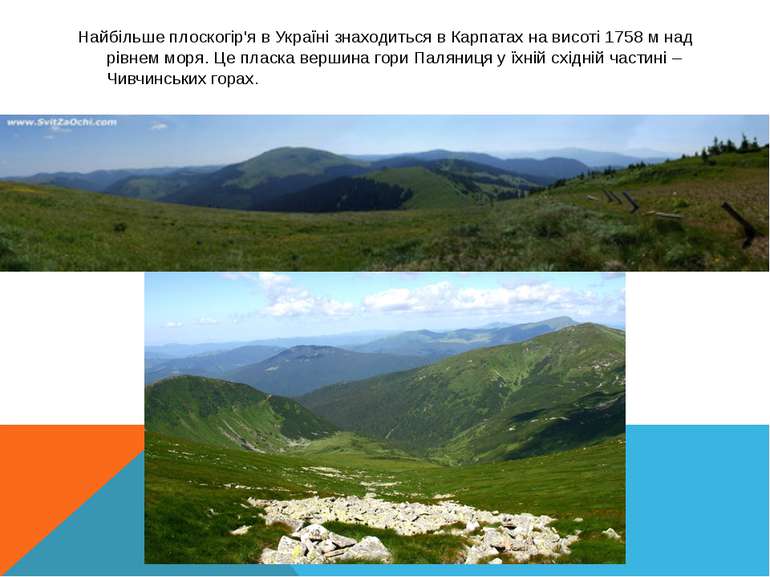 Найбільше плоскогір'я в Україні знаходиться в Карпатах на висоті 1758 м над р...