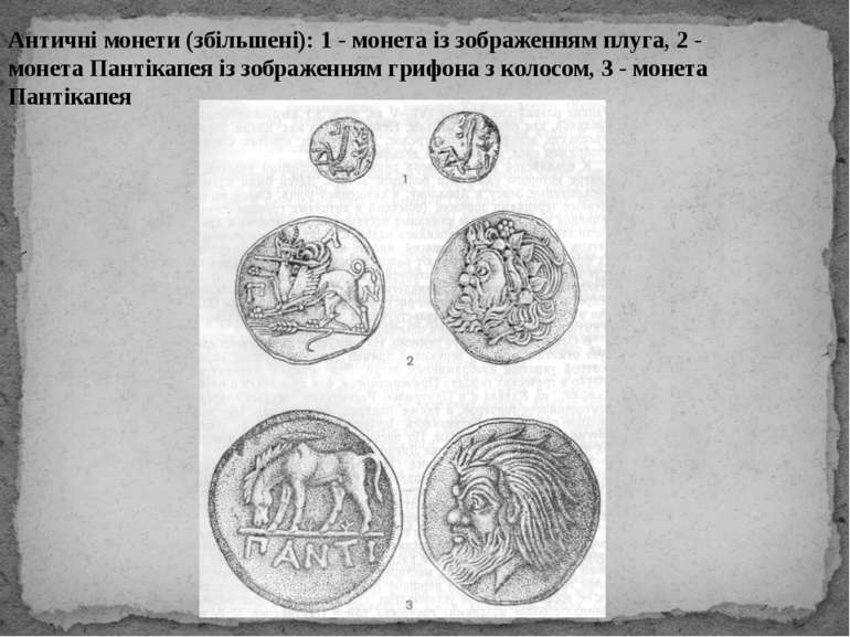 Античні монети (збільшені): 1 - монета із зображенням плуга, 2 - монета Панті...