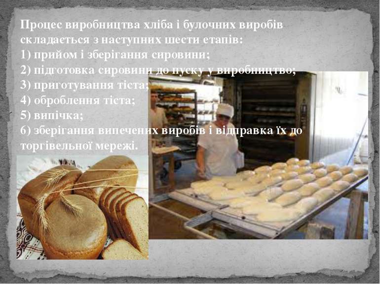Процес виробництва хліба і булочних виробів складається з наступних шести ета...