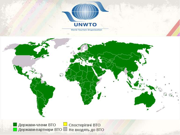 Держави-члени ВТО Держави-партнери ВТО Спостерігачі ВТО Не входять до ВТО