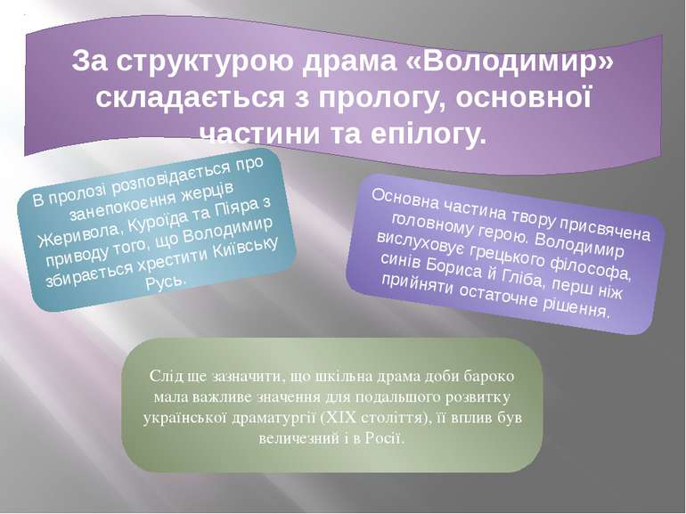 За структурою драма «Володимир» складається з прологу, основної частини та еп...