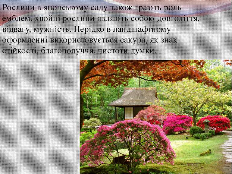 Рослини в японському саду також грають роль емблем, хвойні рослини являють со...