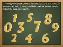 Уклад складають десять знаків: 0 1 2 3 4 5 6 7 8 9, за допомогою яких у десят...
