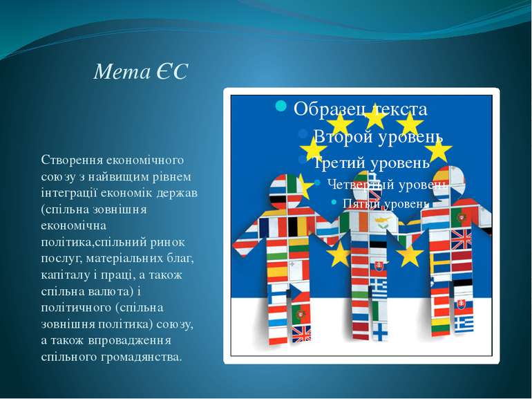Мета ЄС Створення економічного союзу з найвищим рівнем інтеграції економік де...