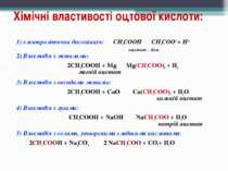 Хімічні властивості оцтової кислоти: 1) електролітична дисоціація: CH3COOH CH...