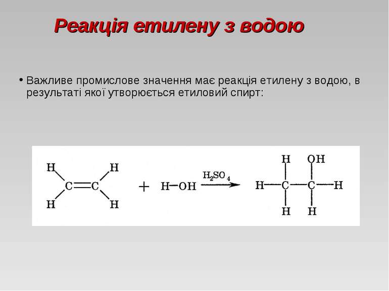 Реакція етилену з водою Важливе промислове значення має реакція етилену з вод...