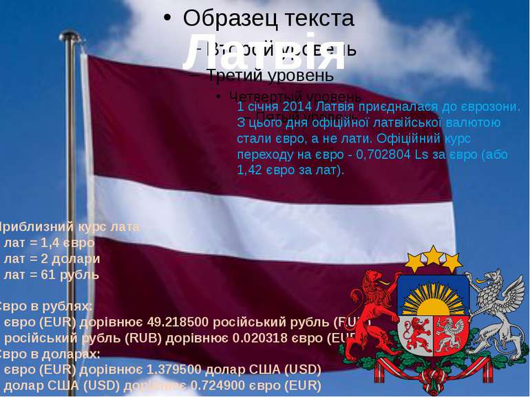Латвія 1 січня 2014 Латвія приєдналася до єврозони. З цього дня офіційної лат...