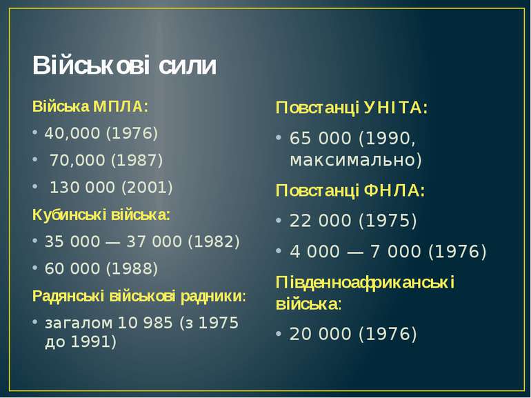 Військові сили Війська МПЛА: 40,000 (1976) 70,000 (1987) 130 000 (2001) Кубин...