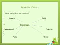 Заповніть «Гроно».  На які групи діляться тварини? Комахи Звірі Тварини Земно...