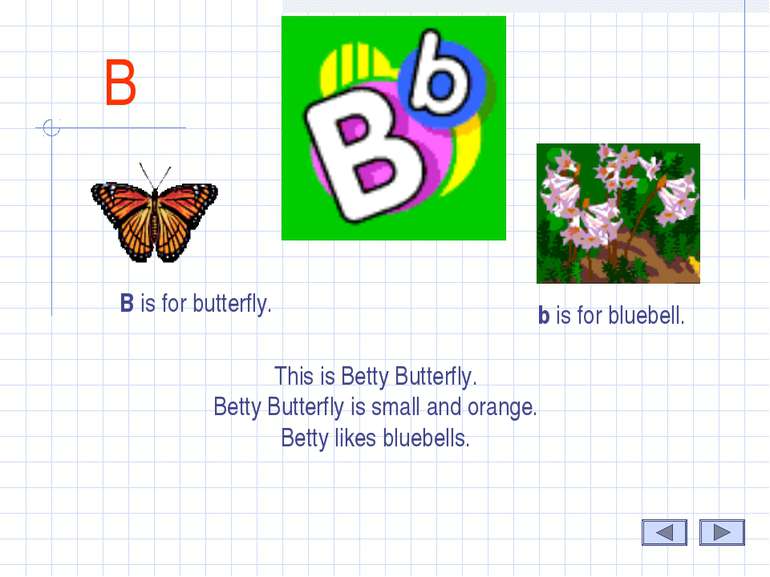 B B is for butterfly. b is for bluebell. This is Betty Butterfly. Betty Butte...