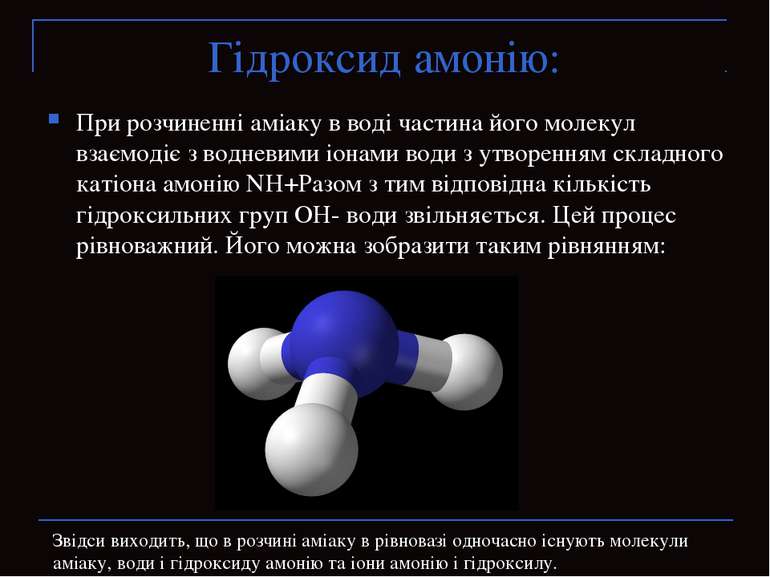 Гідроксид амонію: При розчиненні аміаку в воді частина його молекул взаємодіє...