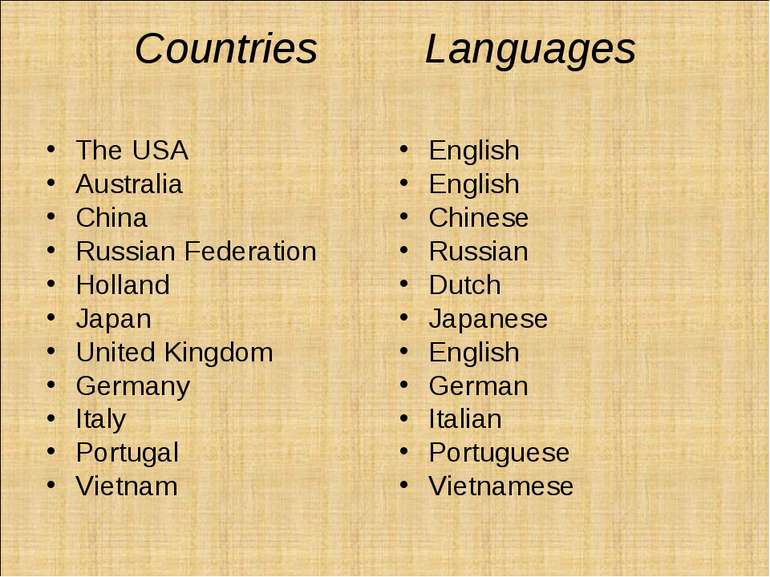 Сountries Languages The USA Australia China Russian Federation Holland Japan ...