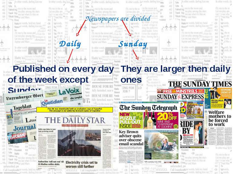 Newspapers are divided Daily Sunday Published on every day of the week except...