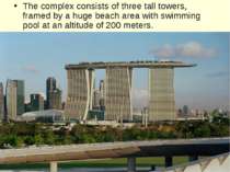 The complex consists of three tall towers, framed by a huge beach area with s...