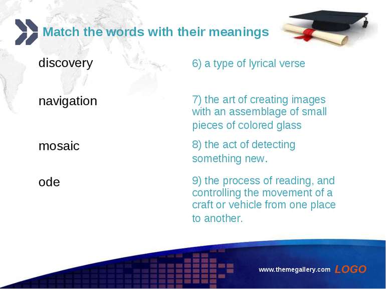 www.themegallery.com Match the words with their meanings discovery 6) a type ...