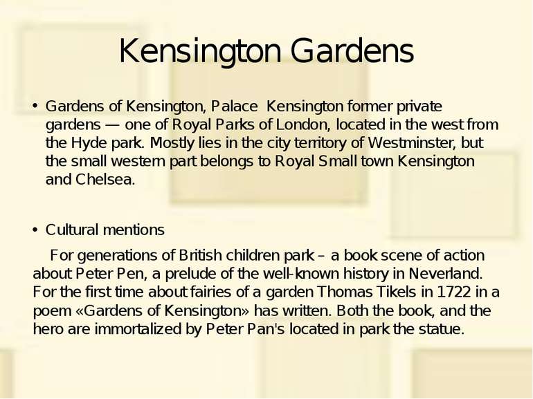 Kensington Gardens Gardens of Kensington, Palace Kensington former private ga...