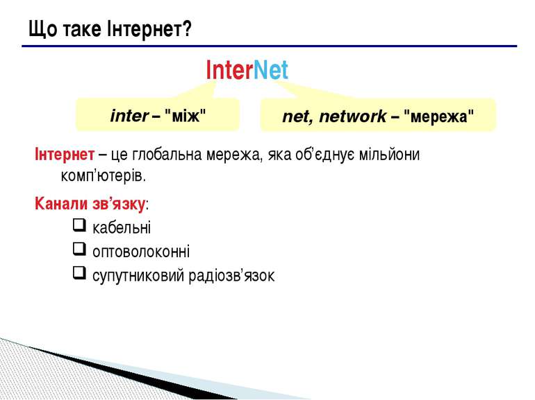 Що таке Інтернет? InterNet inter – "між" net, network – "мережа" Інтернет – ц...