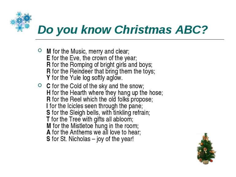 Do you know Christmas ABC? M for the Music, merry and clear; E for the Eve, t...
