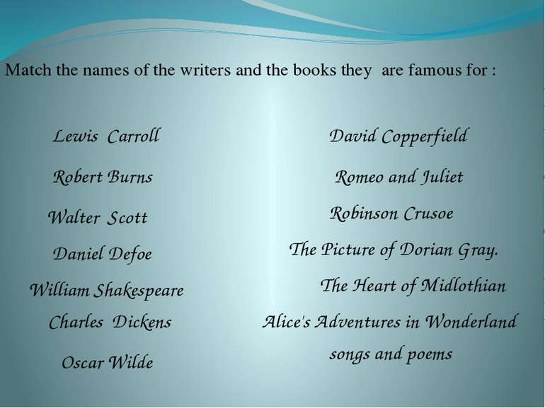 Match the names of the writers and the books they are famous for : William Sh...