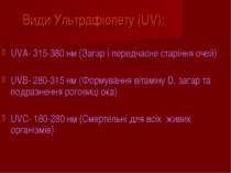Види Ультрафіолету (UV): UVA- 315-380 нм (Загар і передчасне старіння очей) U...