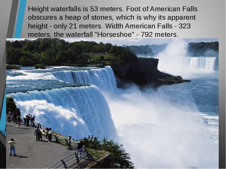 Height waterfalls is 53 meters. Foot of American Falls obscures a heap of sto...