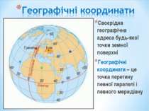 Своєрідна географічна адреса будь-якої точки земної поверхні Географічні коор...