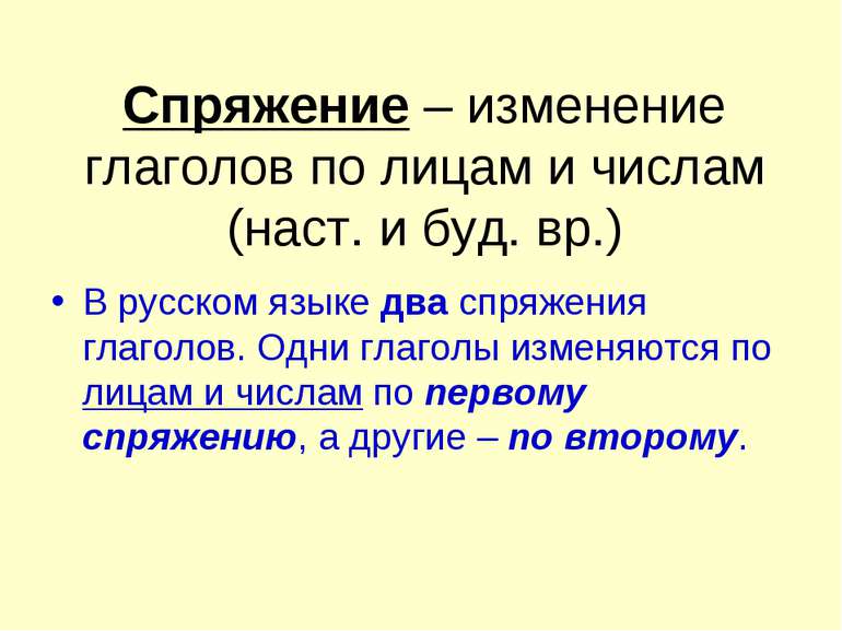 Спряжение – изменение глаголов по лицам и числам (наст. и буд. вр.) В русском...