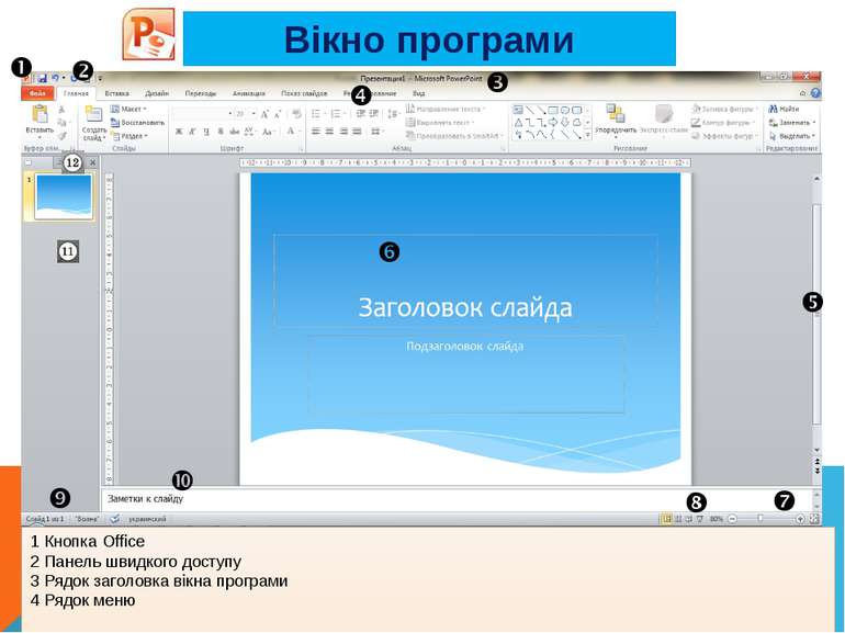 Вікно програми 1 Кнопка Office 2 Панель швидкого доступу 3 Рядок заголовка ві...