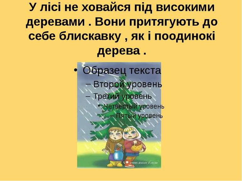 У лісі не ховайся під високими деревами . Вони притягують до себе блискавку ,...