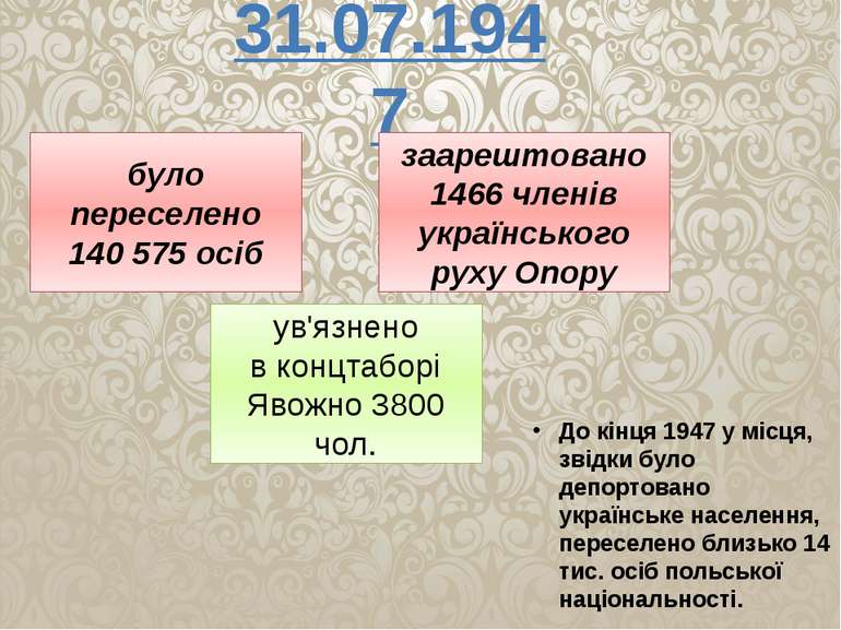 31.07.1947 було переселено 140 575 осіб заарештовано 1466 членів українського...