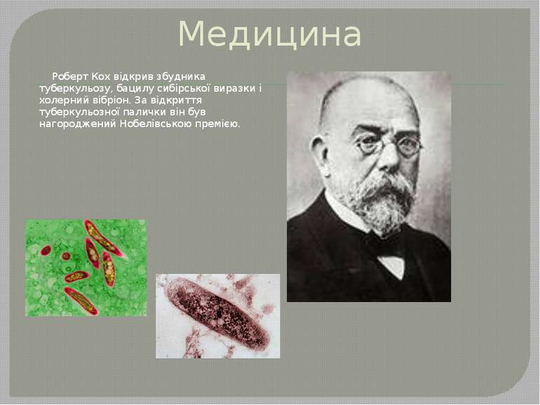 Медицина Роберт Кох відкрив збудника туберкульозу, бацилу сибірської виразки ...