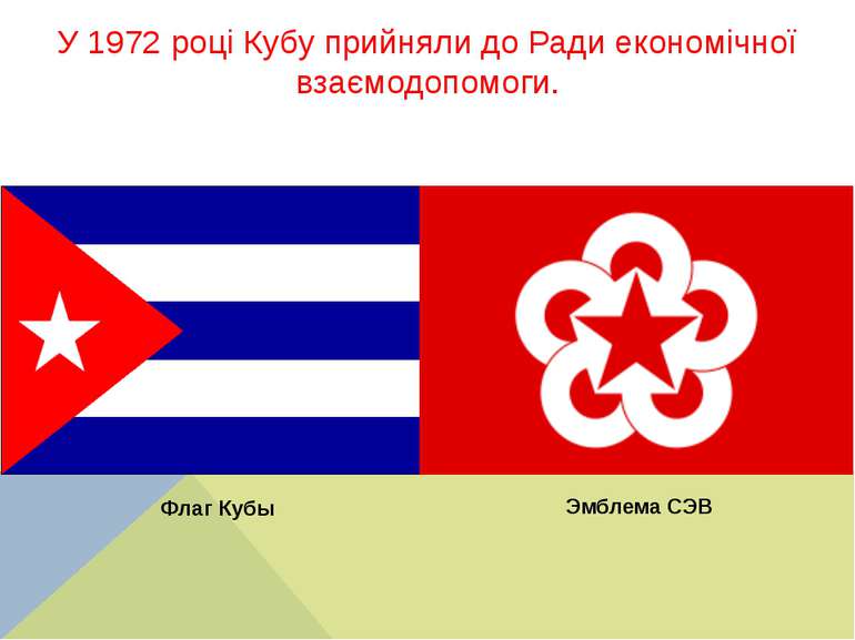 У 1972 році Кубу прийняли до Ради економічної взаємодопомоги. Эмблема СЭВ Фла...