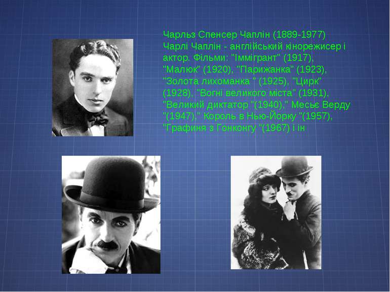 Чарльз Спенсер Чаплін (1889-1977) Чарлі Чаплін - англійський кінорежисер і ак...