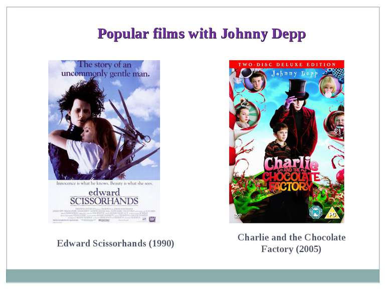 Popular films with Johnny Depp Edward Scissorhands (1990) Charlie and the Cho...