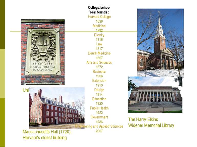 University seal Memorial Church Massachusetts Hall (1720), Harvard's oldest b...
