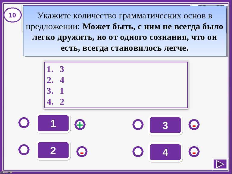 1 - - + - 2 3 4 10 Укажите количество грамматических основ в предложении: Мож...