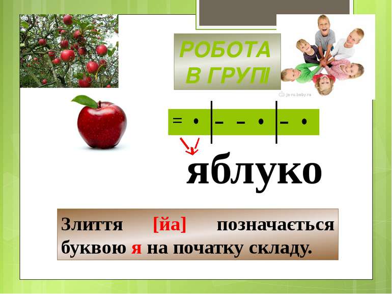 яблуко Злиття [йа] позначається буквою я на початку складу. РОБОТА В ГРУПІ = ...