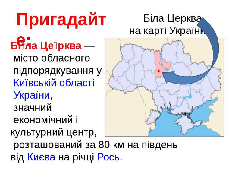 Біла Церква на карті України Пригадайте: Бі ла Це рква — місто обласного підп...