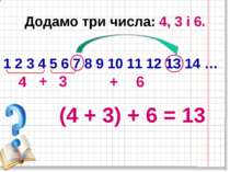 Додамо три числа: 4, 3 і 6. 1 2 3 4 5 6 7 8 9 10 11 12 13 14 … (4 + 3) + 6 = ...